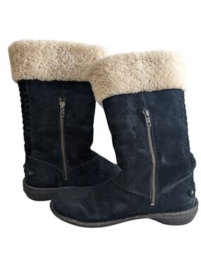 UGG Women's Karyn Black Suede Shearling-Cuff Zip Winter Boots Size 9